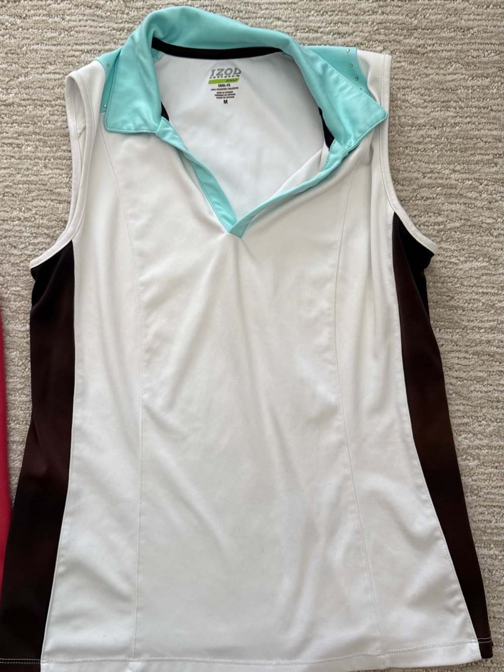IZOD Women’s Sleeveless Polo Tank - White -Aqua Collar and Brown Sides medium